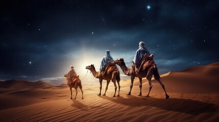 Wall Mural - The Three Wise Men carry gifts through the desert guided by the stars. Christmas concept.