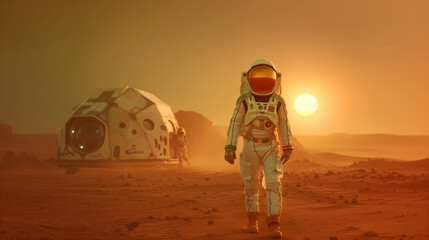 astronaut walking on the martian surface with a habitat module in the background