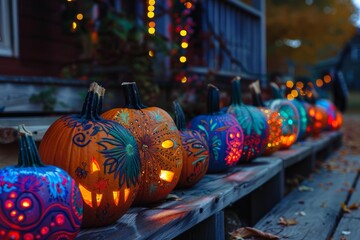 Sticker - A row of colorful, handpainted pumpkins illuminated from within, set against a twilight backdrop with festive lights