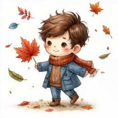 Wall Mural - Cute cartoon child with autumn leaves on white background. AI 