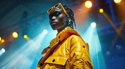 Stylish Urban Fashion Model Posing With Vibrant Neon Lights