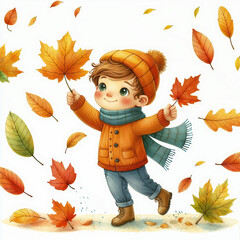 Wall Mural - Cute cartoon child with autumn leaves on white background. AI 