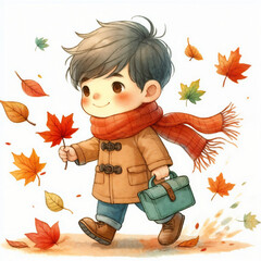 Canvas Print - Cute cartoon child with autumn leaves on white background. AI 