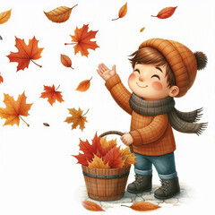 Wall Mural - Cute cartoon child with autumn leaves on white background. AI 