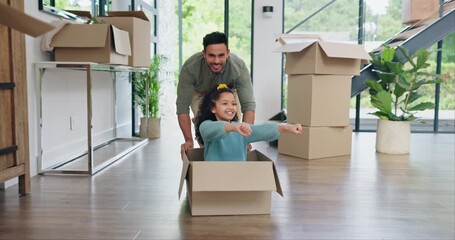 Canvas Print - Happy dad, box and playing with girl in new home for real estate, bonding or property investment. Father pushing child with smile for fun playful relocation, renovation or moving in house together