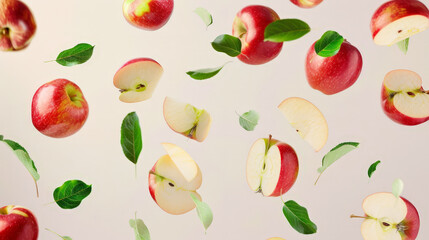  apples with half slices floating in the air