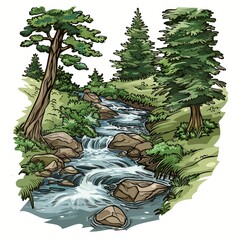 Sticker - Illustration of a Flowing Stream in Forest Landscape