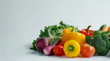 Poster - Fresh colorful vegetables on white background. Vibrant image featuring different vegetables. Perfect for healthy eating concepts and diet visuals. High-quality food photography for multiple uses. AI