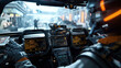 © Natalia - Person operating futuristic vehicle with advanced technology panels in a busy sci-fi environment.