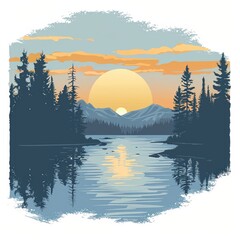 Poster - Sunset Reflection Over Calm Lake with Pine Trees