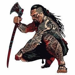 Poster - Tattooed Warrior with Axe in Crouching Pose