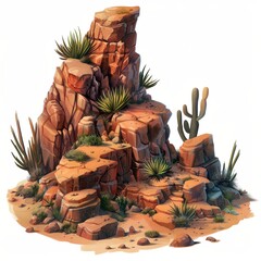 Canvas Print - Stylized Desert Rock Formation with Cacti and Plants