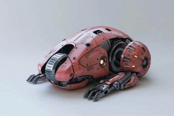Poster - Sleek pink robotic sphere with retractable mechanical limbs and illuminated eye on a white background