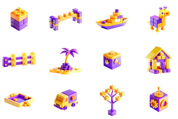 Poster - Sandbox games concept of 3D icons set in modern web design. Pack isolated objects of constructor cubes in bridge, ship, dinosaur, fence, palm tree island, house, pool models and other illustrations.