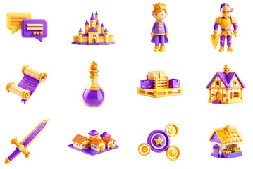 Poster - Role-playing games concept of 3D icons set in modern web design. Pack isolated objects of speech bubble, medieval castle, prince character, knight, scroll, potion, platform and other illustrations.