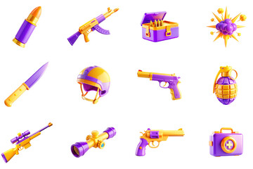 Poster - Shooter games concept of 3D icons set in modern web design. Pack isolated objects of bullet, machine gun, ammo box, explosion cloud, knife, helmet, pistol, hand grenade, revolver, other illustrations.