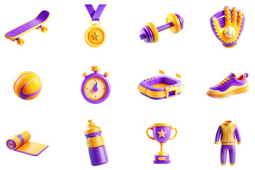 Poster - Sports games concept of 3D icons set in modern web design. Pack isolated objects of skateboard, champion medal gold, barbell, baseball glove, ball, stopwatch, stadium, yoga mat, other illustrations.