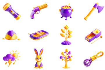 Poster - Survival games concept of 3D icons set in modern web design. Pack isolated objects of flashlight, flare gun, camping pot, axe, inflatable boat, flower plant, matches, weather and other illustrations.