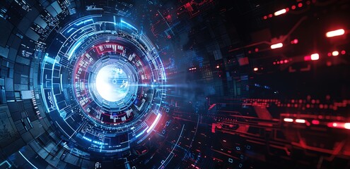 Wall Mural - a black futuristic background of white colored circles and neon red lines