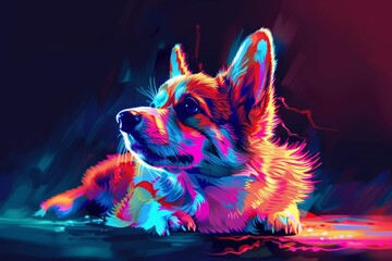 Poster - Vibrant and futuristic neonillustrated corgi digital artwork with colorful. Electric. And glowing design. Reflecting modern art and technology