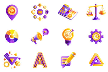 Poster - Branding concept of 3D icons set in modern web design. Pack isolated objects of location, mailing, identity, balance of price and quality, color palette, advertising megaphone, other illustrations.