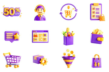 Aufkleber - E-commerce marketing concept of 3D icons set in modern web design. Pack isolated objects of discount price, call center, shopping cart, purchase list, client rating, online store, other illustrations.