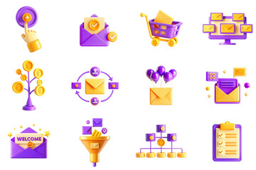 Poster - Email marketing concept of 3D icons set in modern web design. Pack isolated objects of click, letter confirm, promo mailing, spam correspondence, financial tree, newsletter and other illustrations.