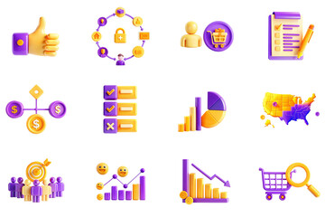 Poster - Market research concept of 3D icons set in modern web design. Pack isolated objects of customer satisfaction, like, statistic, strategy system, shop, client behaviour, list and other illustrations.