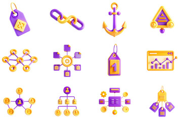 Aufkleber - SEO analysis concept of 3D icons set in modern web design. Pack isolated objects of tags, link, anchor, data, connect system, first top, optimization, statistics, social media, other illustrations.