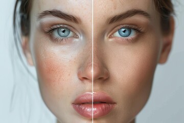 Canvas Print - Closeup split image of a woman's face showing rosacea treatment results