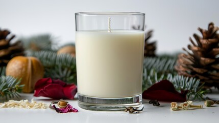 Poster - a soy wax candle, minimal white background, with a background of serene pine leaves, acorns, rose petals, vetiver, patchouli and other perfume ingredients