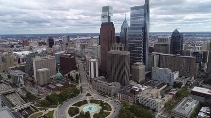 Sticker - Areal view of Beautiful Philadelphia Cityscape with Skyscrapers Logan Square, Cathedral, City Hall in Background. Cloudy Sky. Drone. Pennsylvania