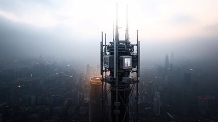 Poster - A high-altitude view of a 5G tower with antennas and equipment against a foggy, sprawling urban skyline.