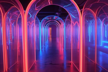 Poster - A neon labyrinth of transparent arches creates an immersive, futuristic experience in an art installation