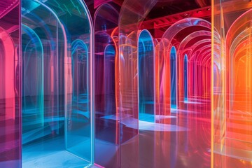 Poster - A labyrinth of transparent arches illuminated by neon lights. The arches create a mesmerizing and abstract space, with vibrant colors reflecting off the polished floor