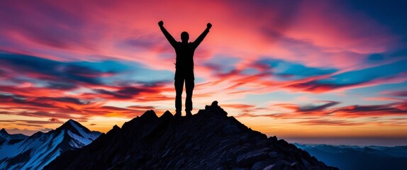 Triumph on the Mountain Peak at Sunset