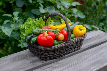 Wall Mural - A wicker basket filled with vibrant vegetables including bell peppers, lettuce, cucumbers, and tomatoes, placed on a wooden table outdoors, emphasizing freshness and variety