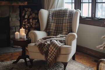 Sticker - Welcoming interior scene featuring a comfortable armchair draped with a plaid blanket beside flickering candles