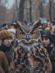 Wall Mural - A close-up of an owl with bright yellow eyes. AI.