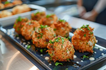 Sticker - Tray of delicious crab cakes topped with parsley, ready to be served at a fine dining event