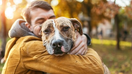 Poster - A man hugs his dog in a park. AI.