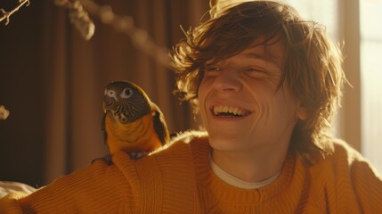 Poster - A man laughs with his pet parrot on his shoulder. AI.