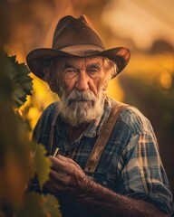 Canvas Print - A weathered farmer stands in a field, his eyes full of experience. AI.