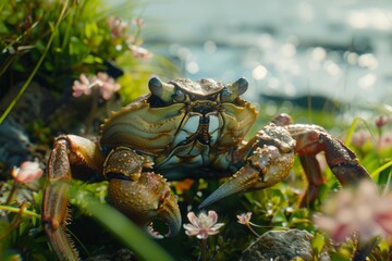 Poster - Vivid image of a crab basking in sunlight on lush greenery near a sparkling water body