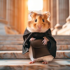 Poster - A hamster dressed in a black robe holding a briefcase. AI.