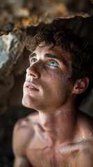 Canvas Print - A young man looks up with a thoughtful expression, covered in dust. AI.