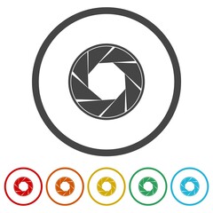 Sticker - Camera lens icon. Set icons in color circle buttons