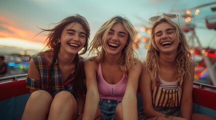 Wall Mural - Three friends laughing together on a ride. AI.