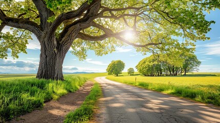 green landscape of Normandy, spring time, blue sky, road in the foreground