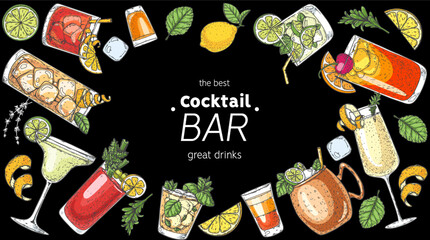 Alcoholic cocktails frame. Hand drawn vector illustration. Cocktails sketch set. Engraved style.